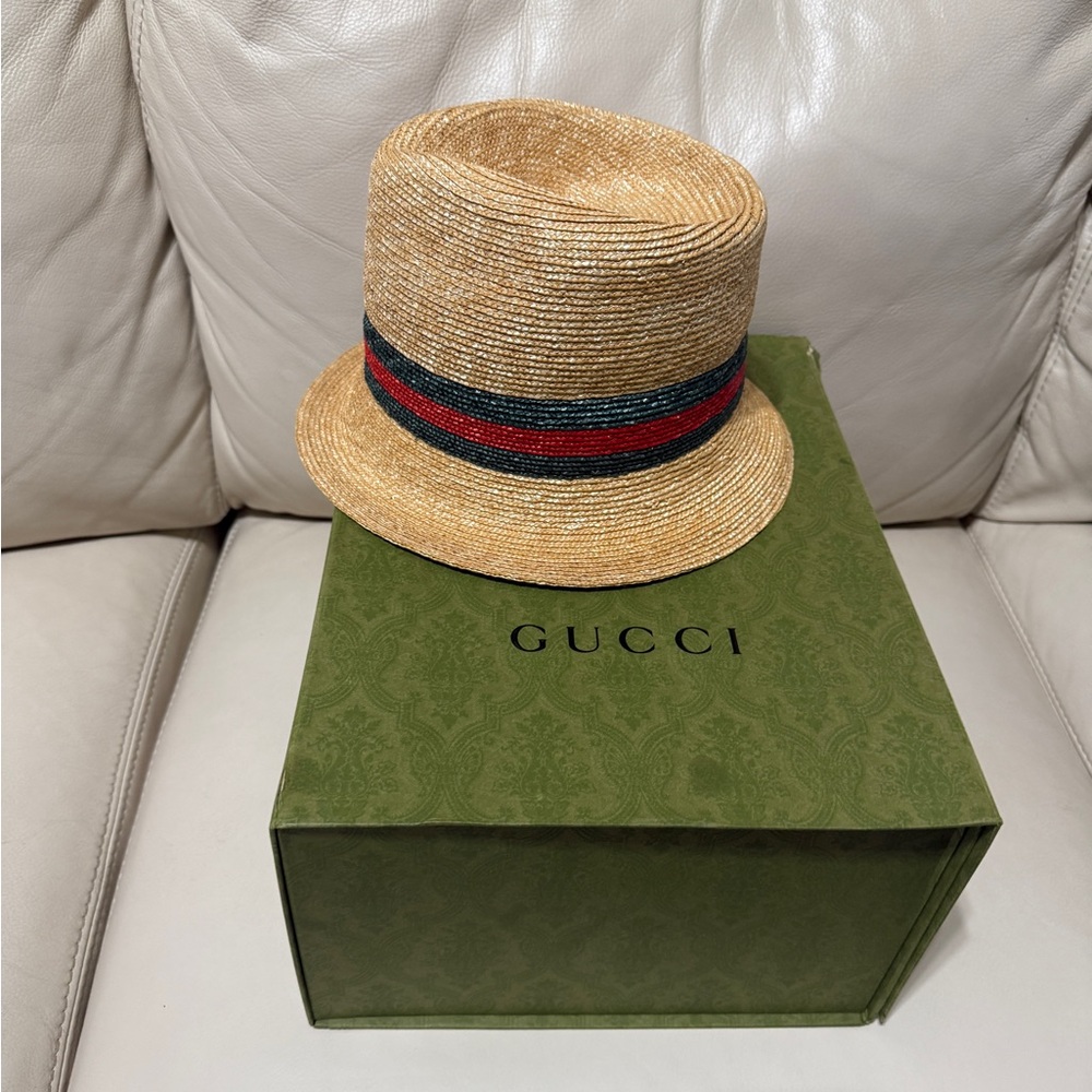 Gucci Tan Straw Hat with Red and Green Stripe